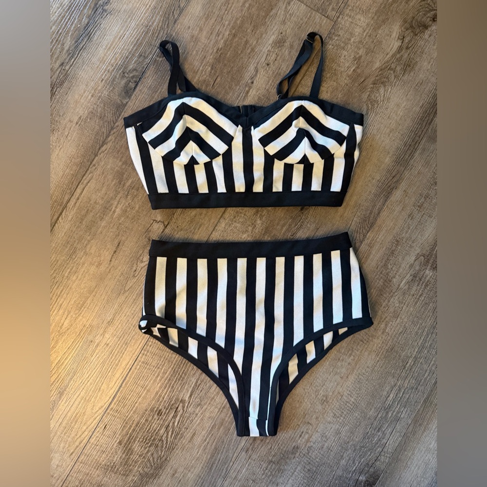 Fashion Nova Black and White Striped High-Waist Bikini Set
